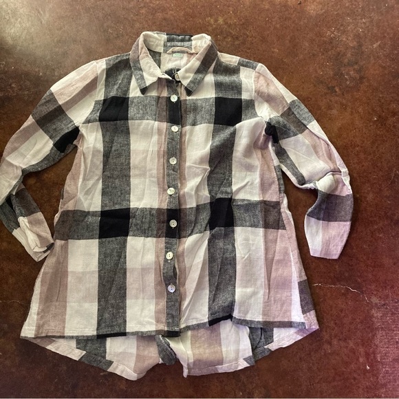 Soft Surroundings carreaux plaid ivory black zipper back shirt linen blend - Picture 2 of 7